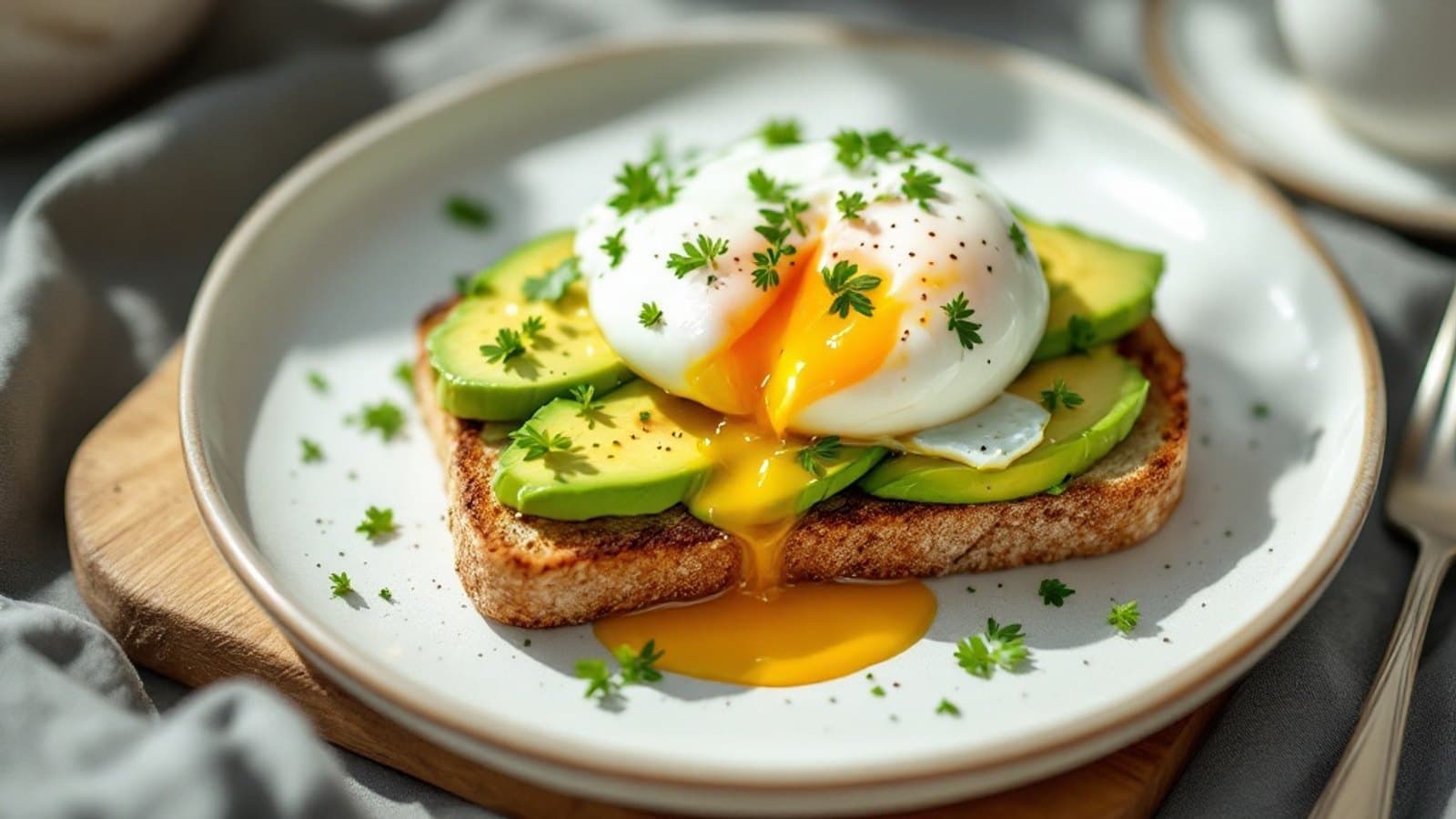 Vollkorntoast mit zerdrückter Avocado, pochiertem Ei und Kresse
