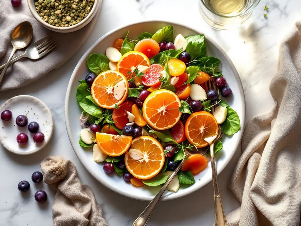 Bunter Zitrusfrucht-Salat mit Rote-Bete-Blättern und Schafskäse