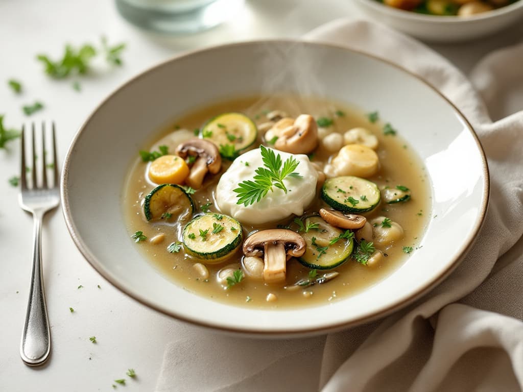 Champignon-Zucchini-Pfanne mit Joghurt-Sauce — Suppenteller mit Zucchini-Scheiben, Champignons, weißen Bohnen, Gemüsebrühe und einem Klecks Joghurt/Sahne, garni