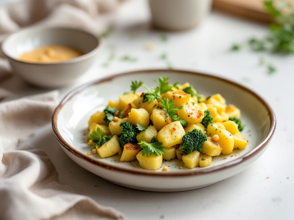 Gebackene Blumenkohl-Kartoffel-Bites — Gebratene/gebackene helle Würfel (Kartoffeln/Blumenkohl) mit Brokkoliröschen und frischer Petersilie in einer weißen Sch