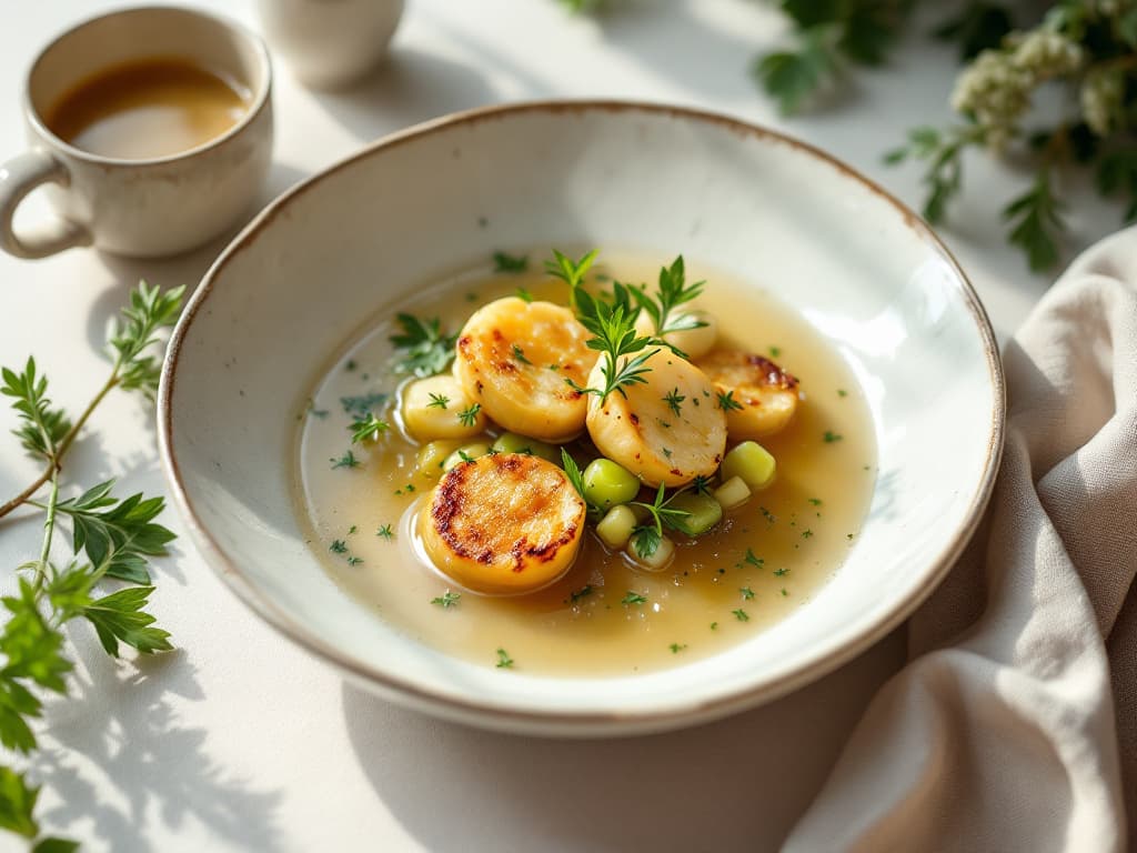 Gebratene Jakobsmuscheln auf cremiger Kräutersuppe