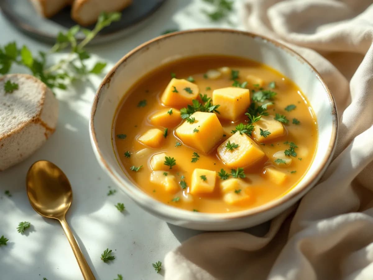 Goldene Rüben-Kartoffel-Suppe mit Tofu
