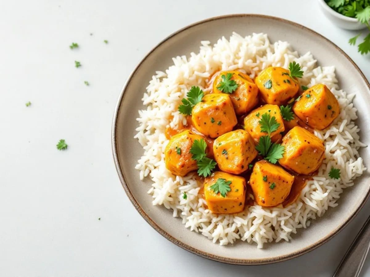 Mildes Hähnchen-Tikka mit Reis, kleine Portion