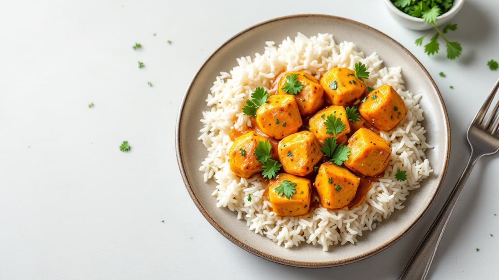 Mildes Hähnchen-Tikka mit Reis, kleine Portion