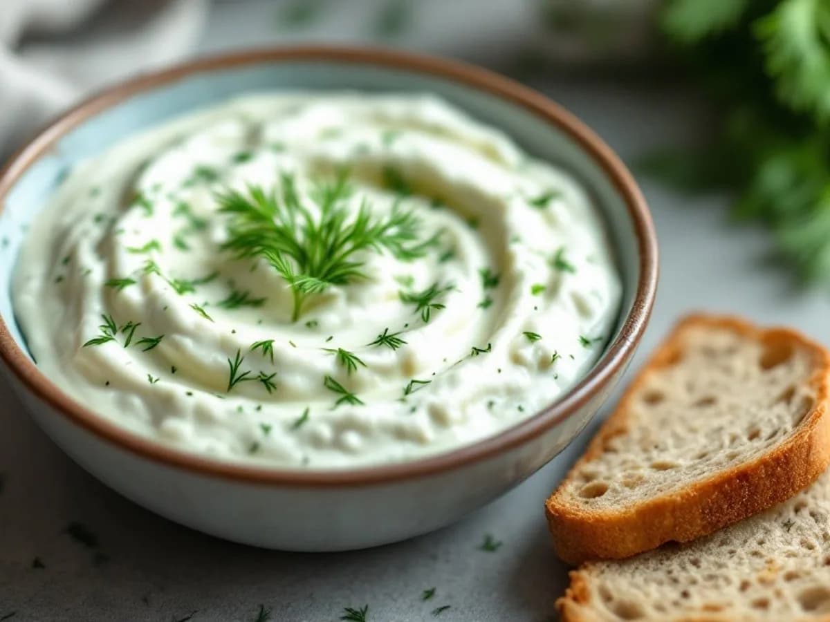 Joghurt-Gurken-Dip mit Vollkornbrot, kleine Portion