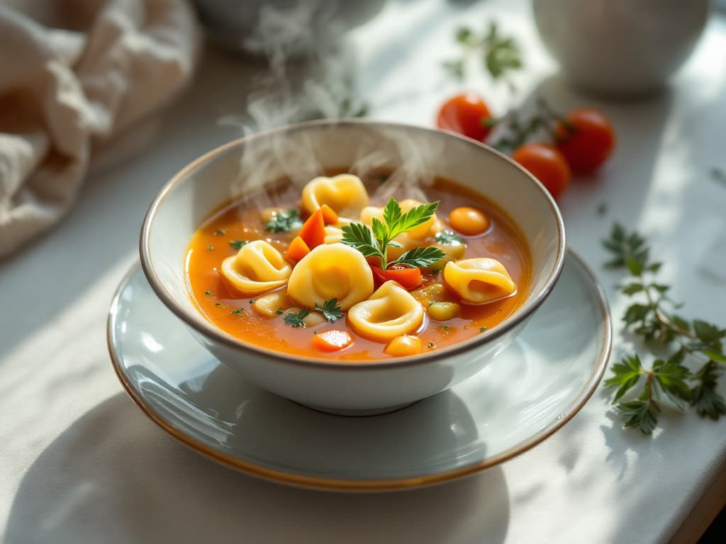 Klare Tomatensuppe mit hausgemachten Spargel-Tortellini