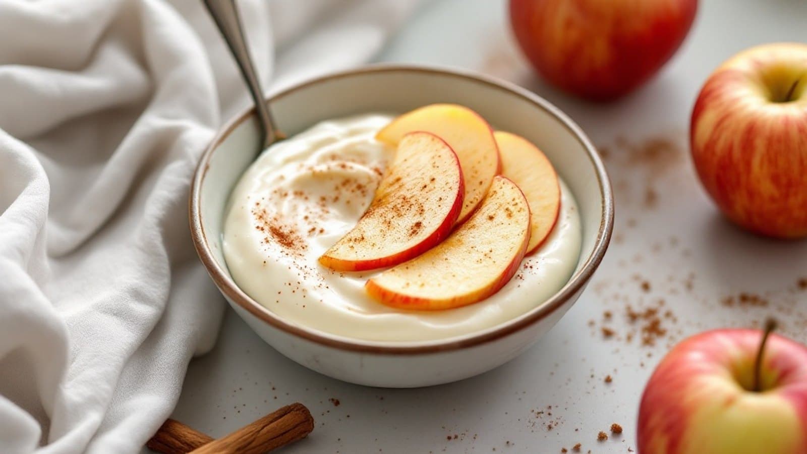 Schale cremiger Magerquark mit Apfelstücken und Zimt