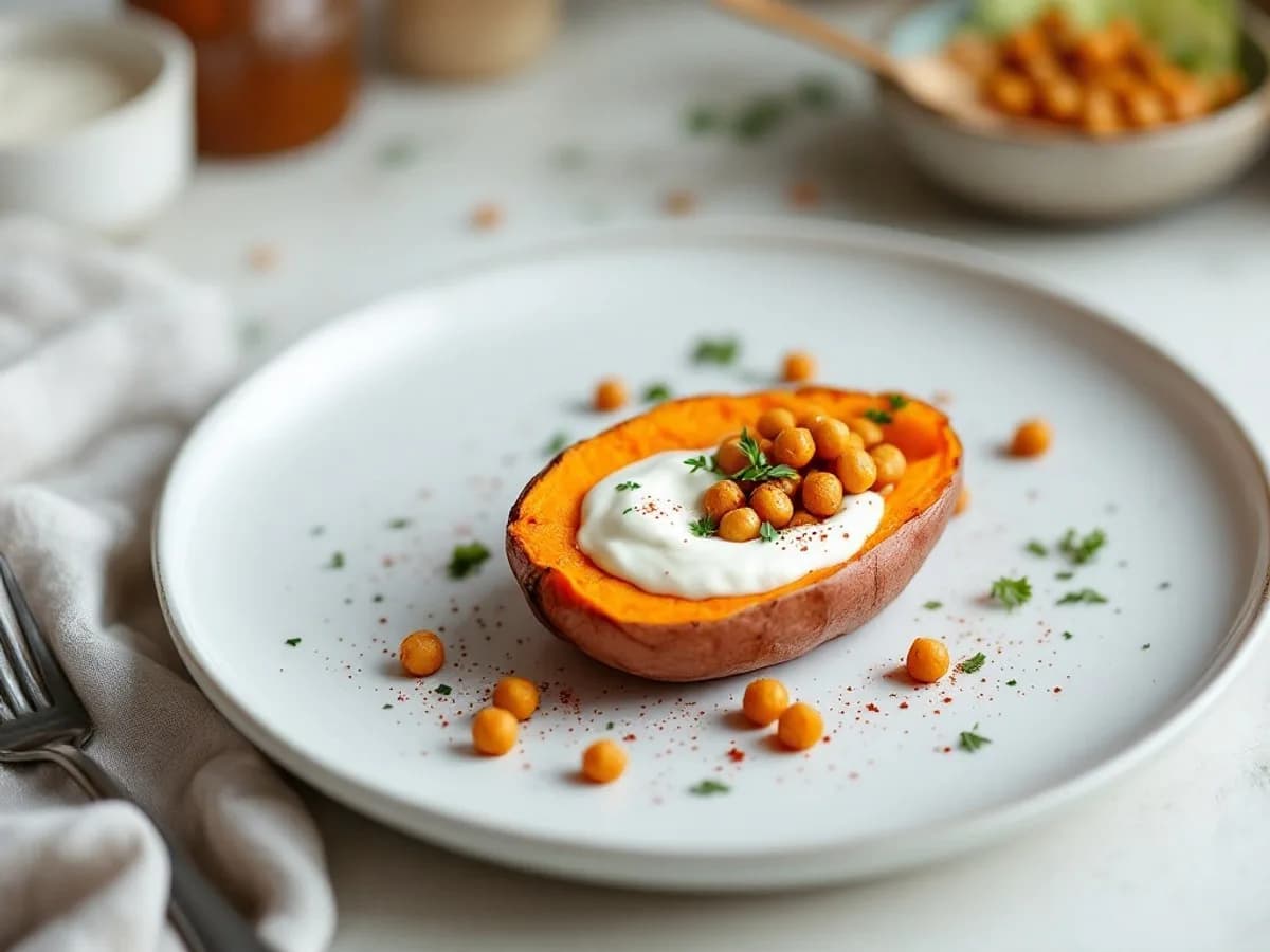 Ofen-Süßkartoffel mit Kichererbsen, kleine Portion