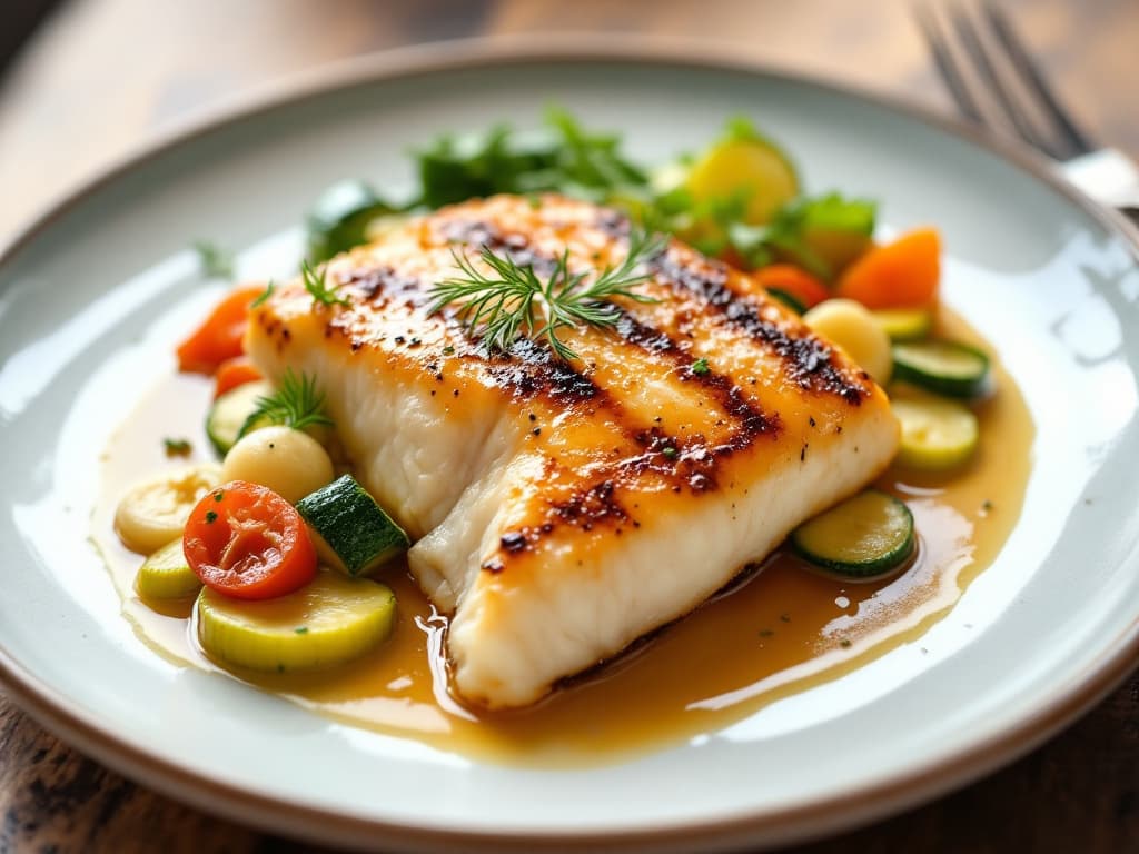 Pochiertes Fischfilet mit buntem Gemüse und Vanillebutter