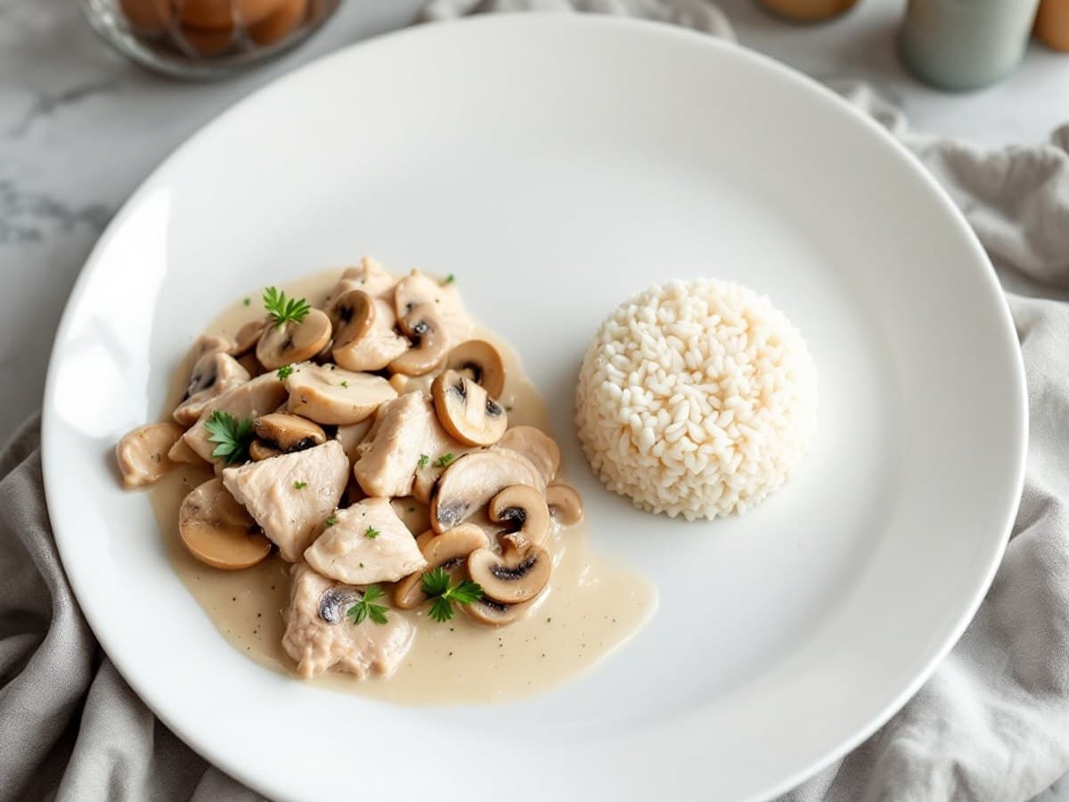 Putengeschnetzeltes mit Reis, kleine Portion