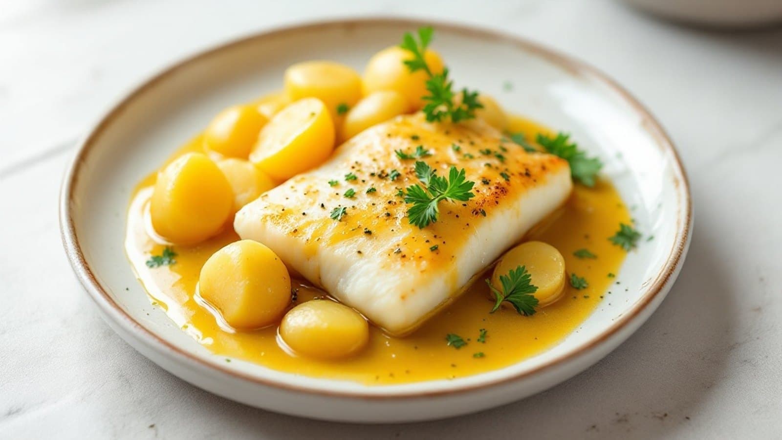 Seelachs in milder Senfsauce mit Kartoffeln, kleine Portion