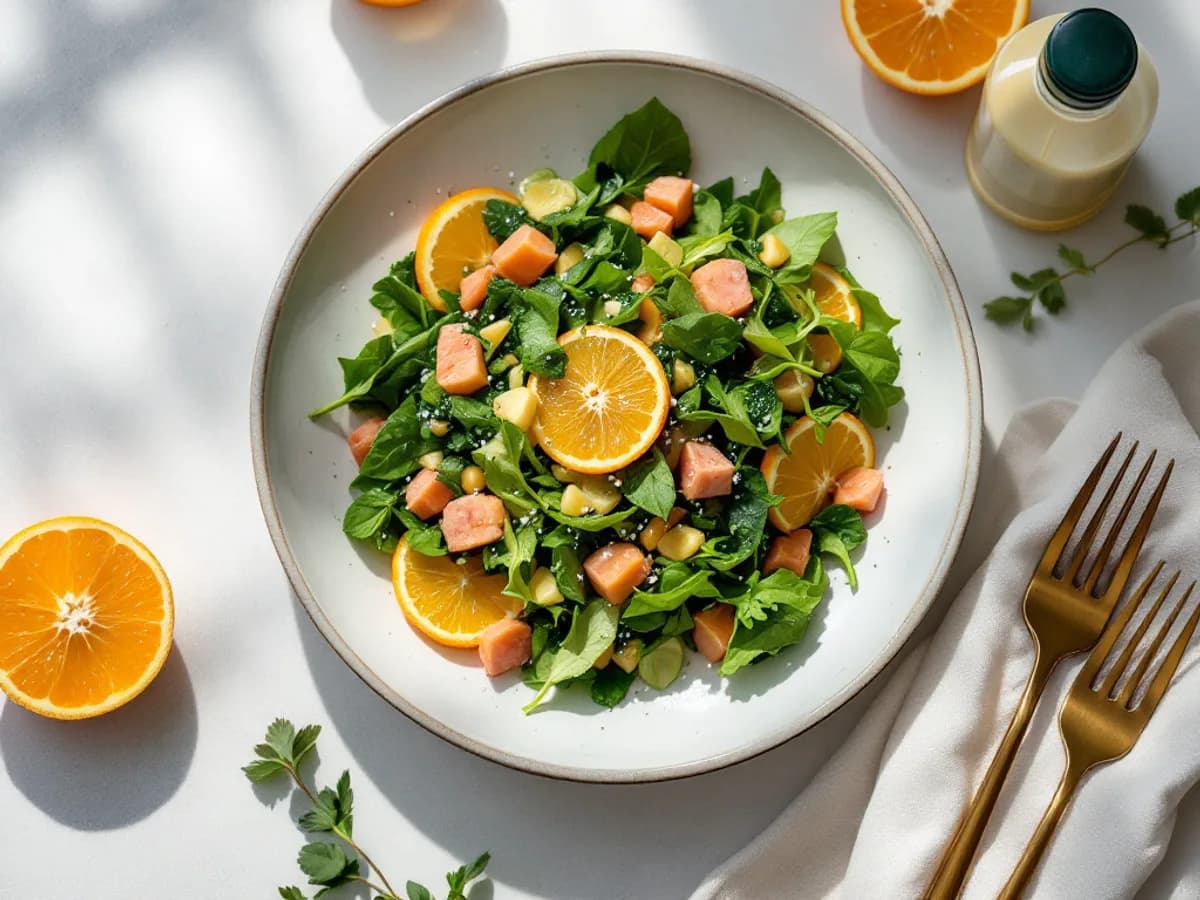 Sprossensalat mit Erbsen und Krabben in Orangenvinaigrette