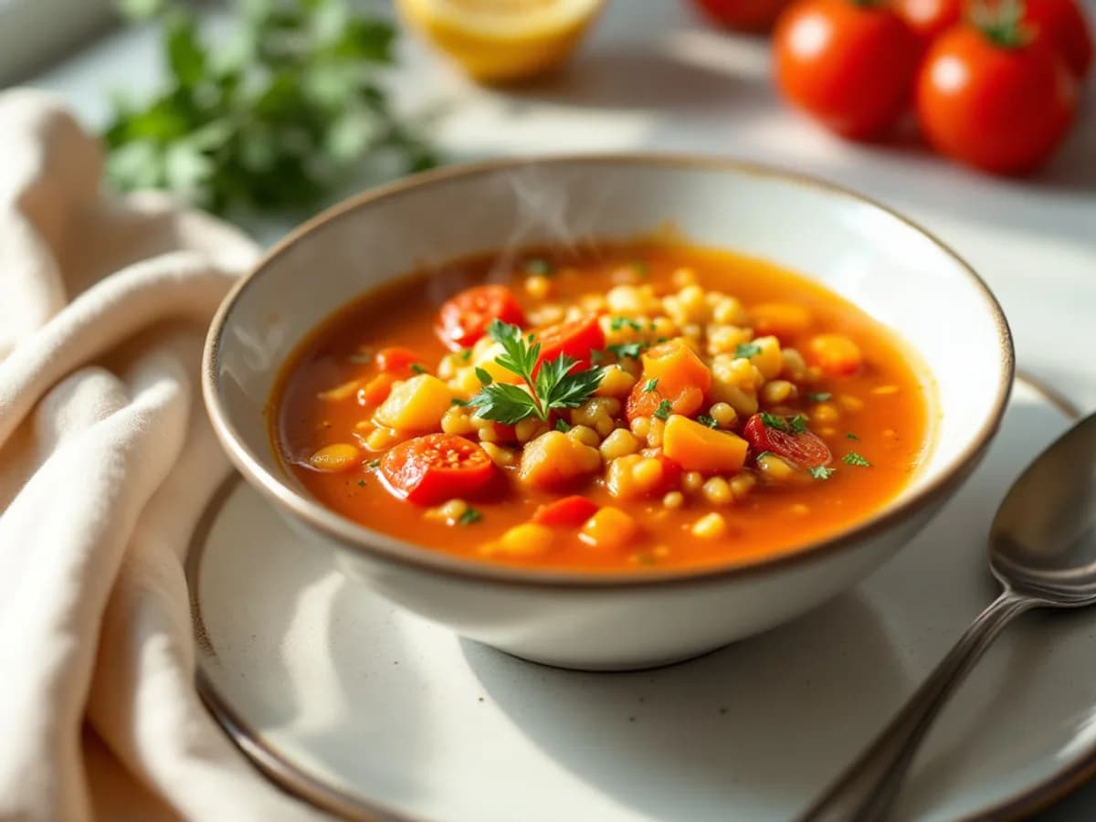 Tomatensuppe mit roten Linsen und Couscous