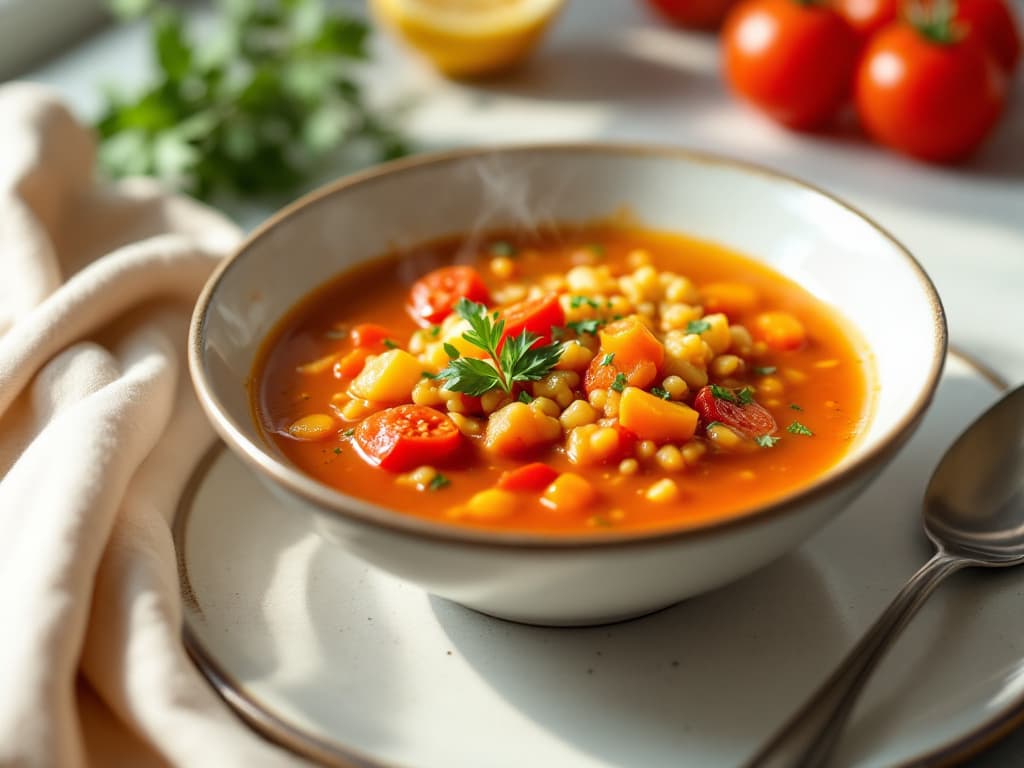 Tomatensuppe mit roten Linsen und Couscous — Dampfende Suppe mit kleinen Körnern (Couscous/Linsen), Tomatenstücken, Gemüse in orangeroter Brühe, garniert mit fr
