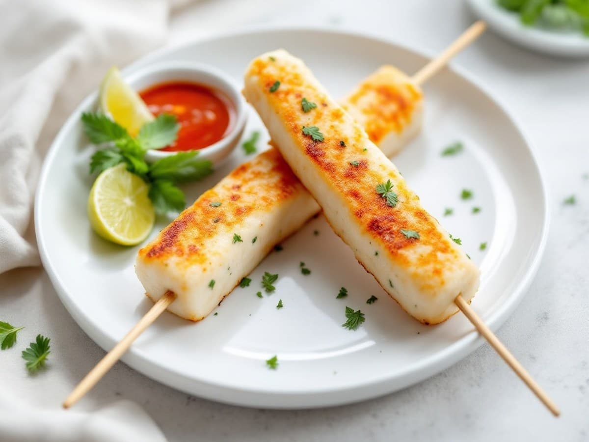 Zitronengras-Fischspieße mit Kräuterpaste und Chilisauce mit Seelachsfilet (ohne Haut), frischer Koriander, frische Minze