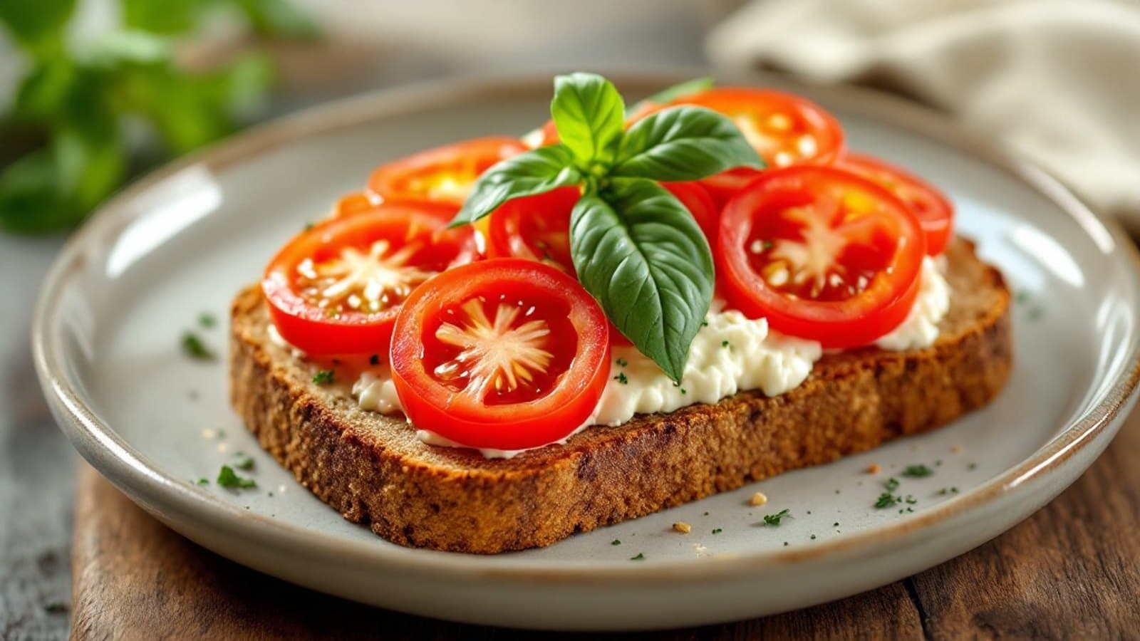 Vollkornbrot mit Hüttenkäse und Tomate