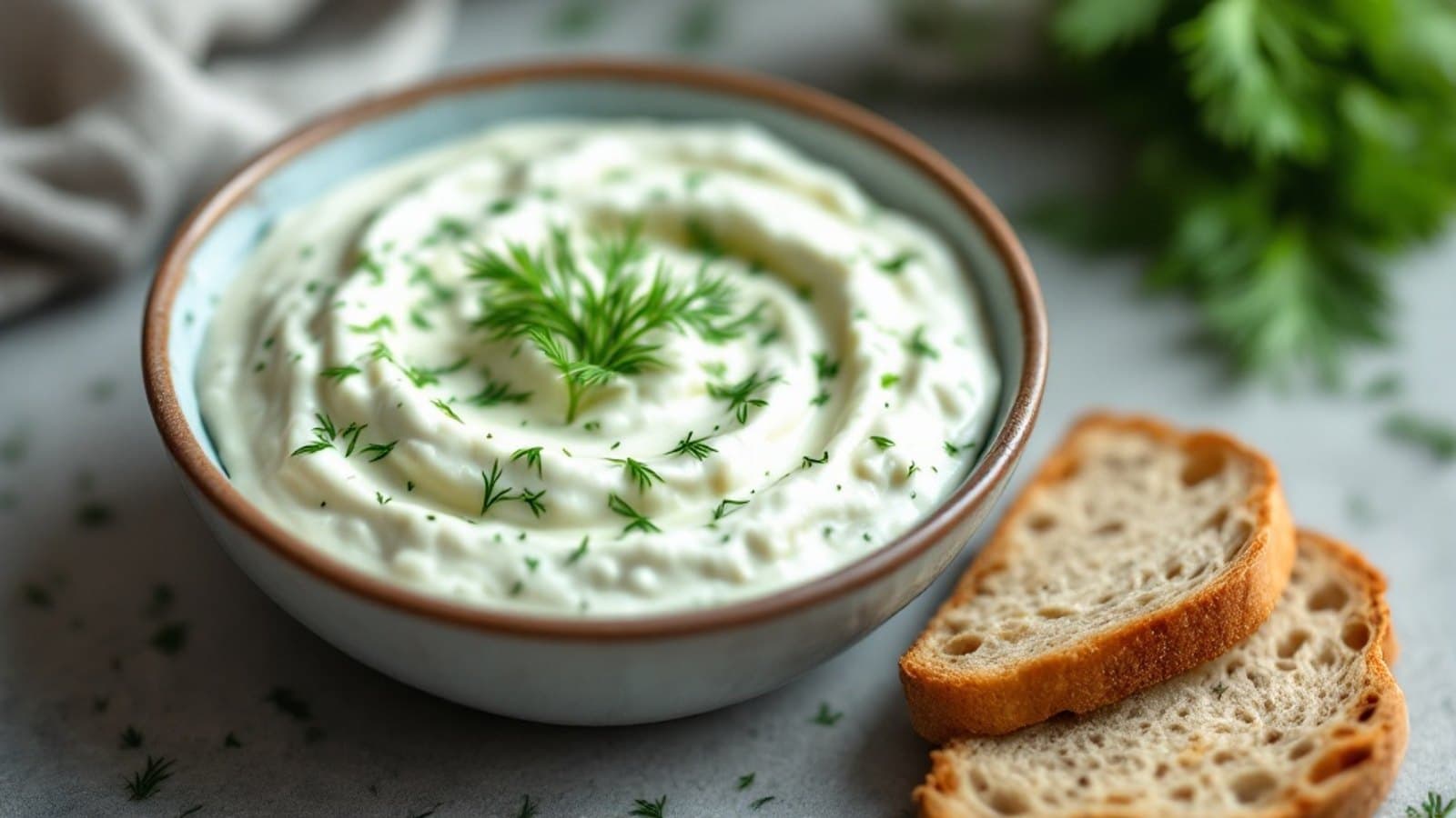 Joghurt-Gurken-Dip mit Vollkornbrot, kleine Portion