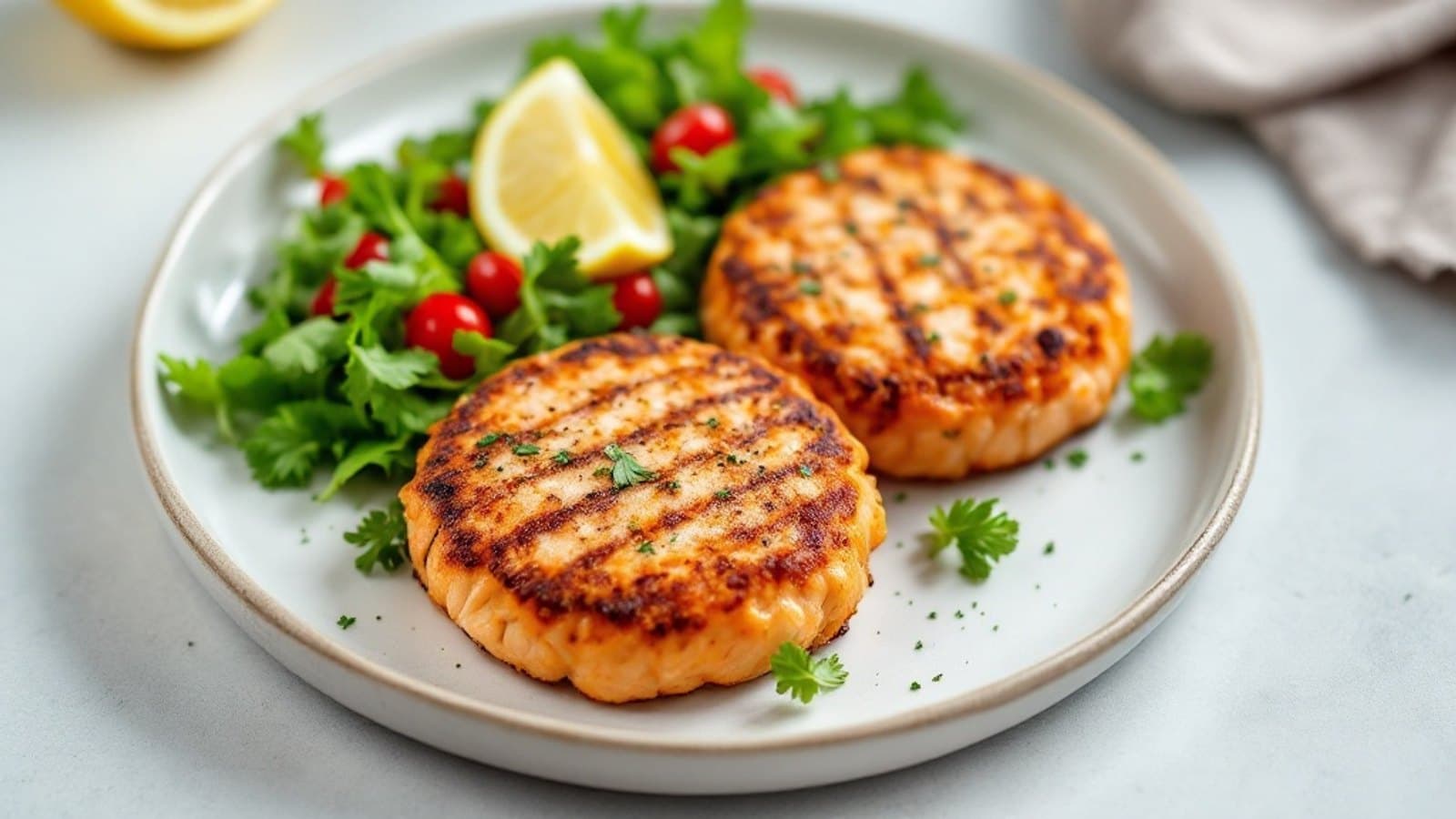 Lachsfrikadellen mit Salat, kleine Portion