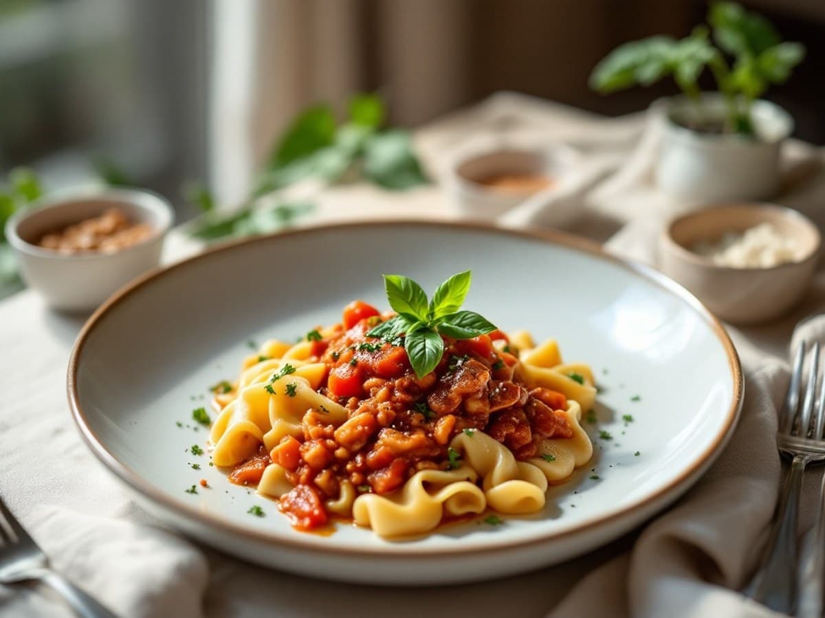 Linsen-Bolognese mit Vollkornnudeln, kleine Portion