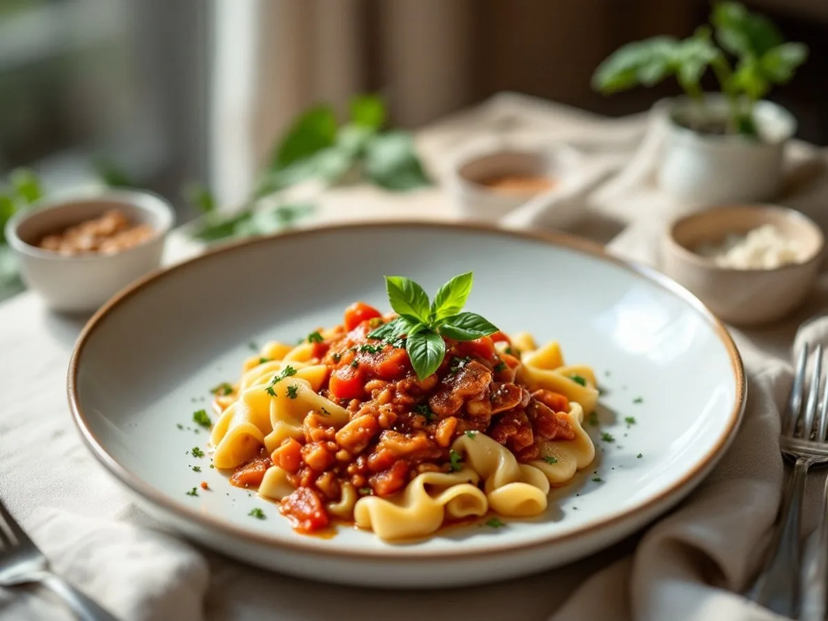 Linsen-Bolognese mit Vollkornnudeln, kleine Portion